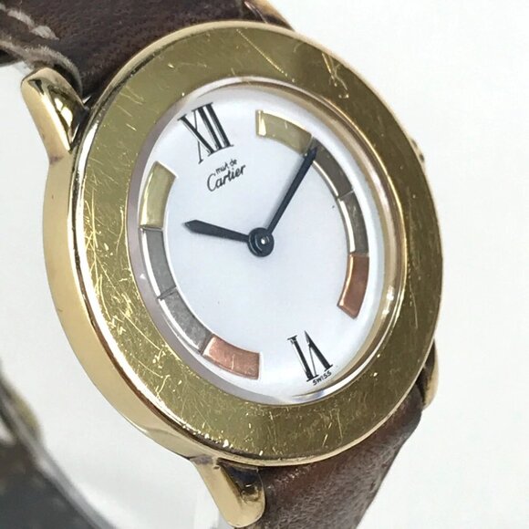 CARTIER 1801 vintage Must Rondo Vermeil Women\'s Wristwatch SV925/Leather belt